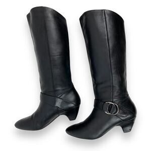 2000's MARC FISHER tall black leather boots with silver ring and low heels